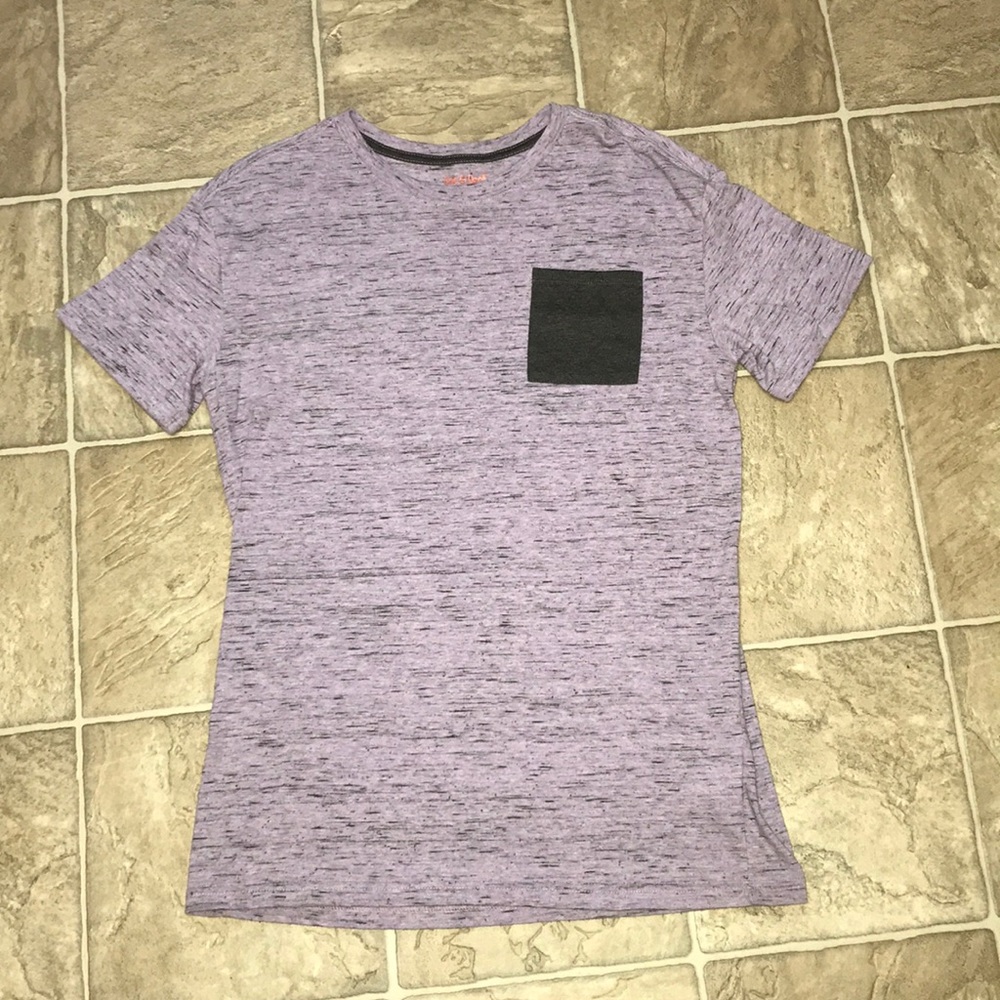 purple shirt with other colors in it